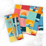 Beach Vibes, sunset and sunrise at the beach, surf boards and palm trees by the sea. Cheater quilt, yellow, orange and blue cheerful checks