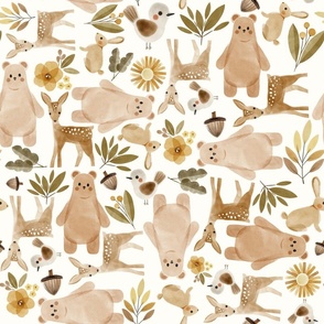 woodland animals with brown bears, deers, rabbits and birds with acorns and sunflowers - large (4/4)