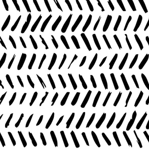 Herringbone Paint Marks | Large Scale | Bright White | traditional Black and White brush strokes