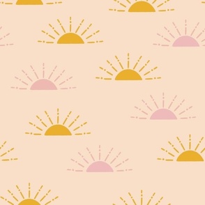 Sun rise || pink and yellow suns on peach || Daisy Age Collection by Sarah Price  Medium Scale Perfect for bags, clothing and quilts