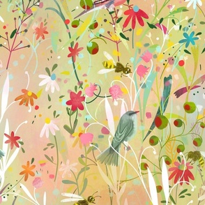 pastel meadow busy bees +birds // wallpaper