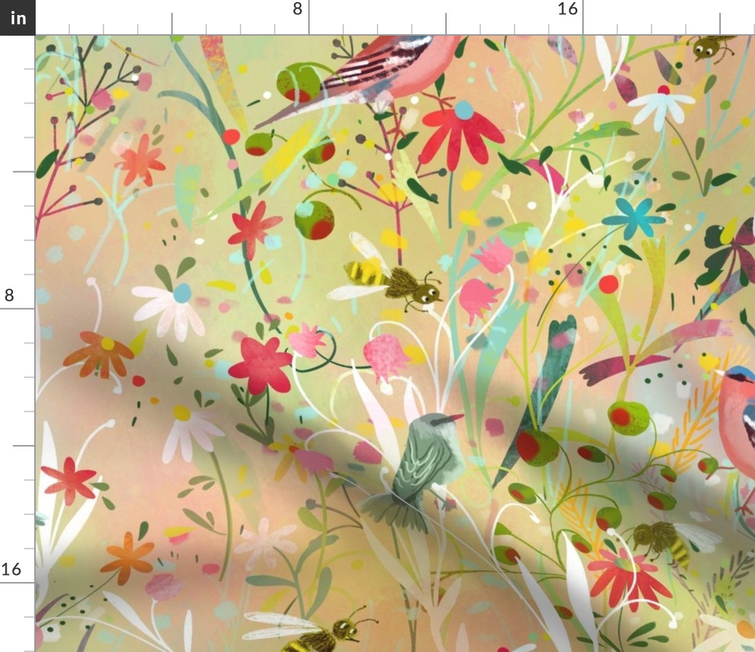 pastel meadow busy bees +birds // wallpaper