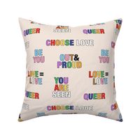 Pride quotes for support - queer equality support straight against hate love is love rainbow flag pattern on tan