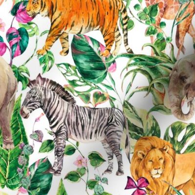 Watercolor safari animals with tropical green leaves  on white