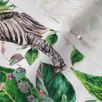 Watercolor safari animals with tropical green leaves  on white