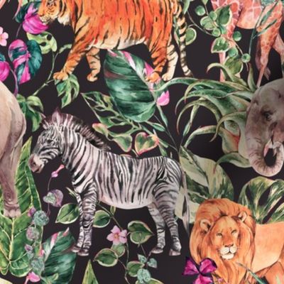Watercolor realistic  safari animals, tropical leaves on black