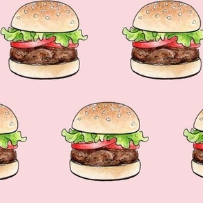 Rows of burgers on pale pink - medium-large scale