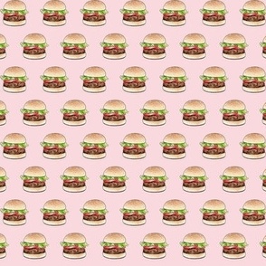 Rows of burgers on pale pink - small scale