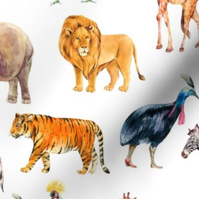 Watercolor safari animals and birds on white