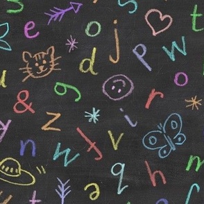 Chalkboard Alphabet | Multicolor chalk alphabet pattern on blackboard, cats, alien ufo, butterflies, stars and smiley faces, hand drawn alphabet fabric, rainbow colors, back to school, nursery wallpaper.