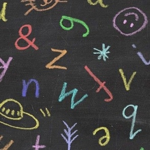 Chalkboard Alphabet (large scale) | Multicolor chalk alphabet pattern on blackboard, cats, alien ufo, butterflies, stars and smiley faces, hand drawn alphabet fabric, rainbow colors, back to school, nursery wallpaper.