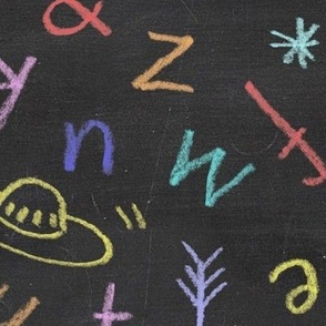 Chalkboard Alphabet (xl scale) | Multicolor chalk alphabet pattern on blackboard, cats, alien ufo, butterflies, stars and smiley faces, hand drawn alphabet fabric, rainbow colors, back to school, nursery wallpaper.