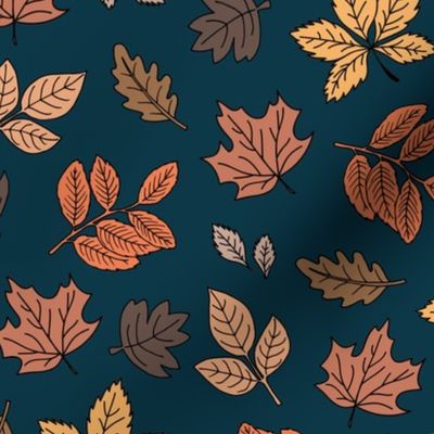 Autumn leaves - lush oak chestnut birch and maple leaf fall garden in orange beige brown on midnight blue