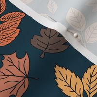 Autumn leaves - lush oak chestnut birch and maple leaf fall garden in orange beige brown on midnight blue