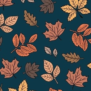 Autumn leaves - lush oak chestnut birch and maple leaf fall garden in orange beige brown on midnight blue