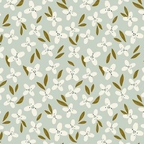 Full Bloom - Small - Cream & Green on Blue | Scattered Spring Flowers 