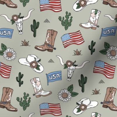 Little cowboy freehand western illustrations texas ranch life with longhorn skull flag boots and cacti vintage red blue on sage green