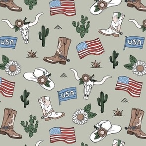 Little cowboy freehand western illustrations texas ranch life with longhorn skull flag boots and cacti vintage red blue on sage green