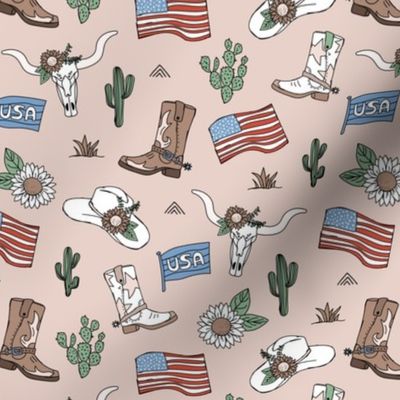 Little cowboy freehand western illustrations texas ranch life with longhorn skull flag boots and cacti vintage red blue on blush tan