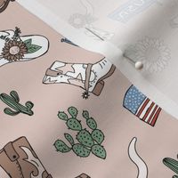 Little cowboy freehand western illustrations texas ranch life with longhorn skull flag boots and cacti vintage red blue on blush tan