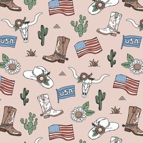 Little cowboy freehand western illustrations texas ranch life with longhorn skull flag boots and cacti vintage red blue on blush tan