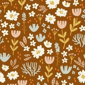 Wild Garden - Large - Multi-coloured on Brown - Colourful Spring Flowers