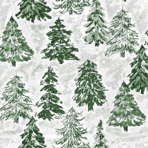 winter tree farm evergreen and grey large scale watercolor Christmas trees