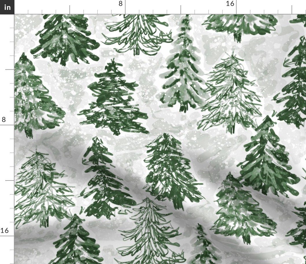 winter tree farm evergreen and grey large scale watercolor Christmas trees