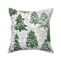 winter tree farm evergreen painterly watercolor green and grey small scale