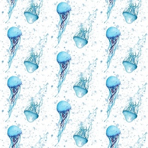 Aqua Jellies blue jellyfish on white background with bubbles