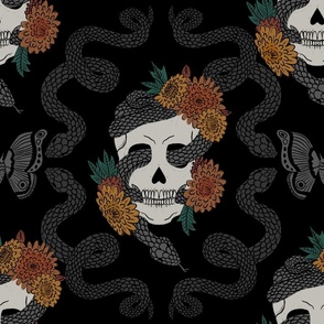 Floral Skull Snake on Black 