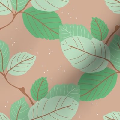 Birch leaves garden design botanical boho leaf autumn pattern mint green on tan beige