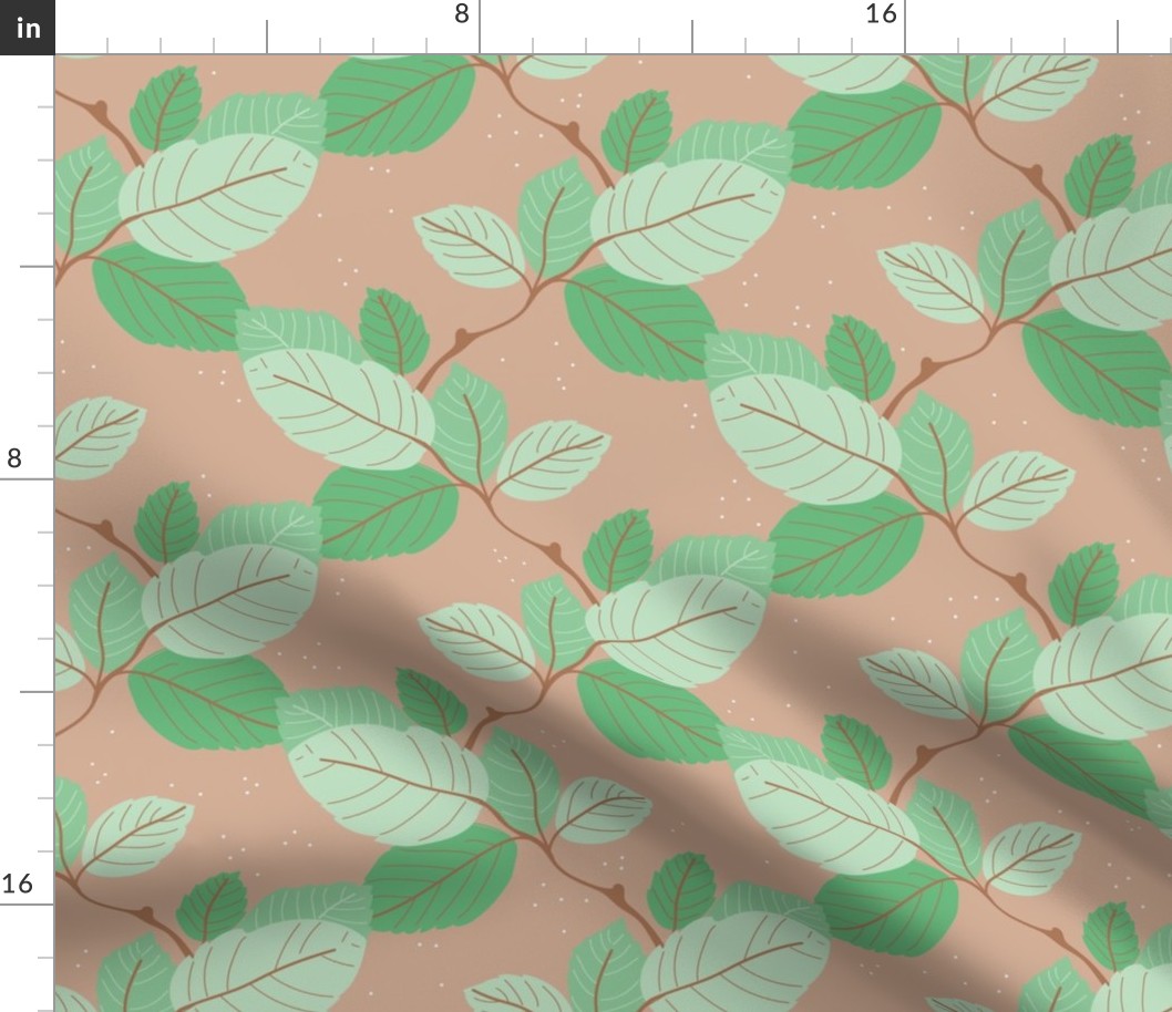 Birch leaves garden design botanical boho leaf autumn pattern mint green on tan beige