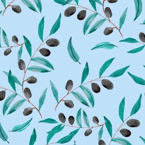 Watercolor Olive Branches in Blue