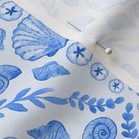 Blue Seashells Damask - Small Scale - Watercolor Nautical Ocean Painted Monotone Beach House