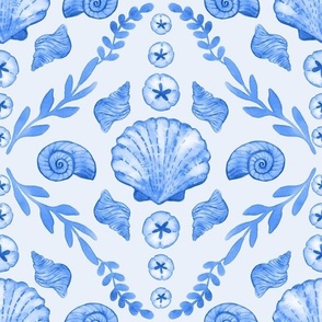 Blue Seashells Damask - Medium Scale - Watercolor Nautical Ocean Painted Monotone