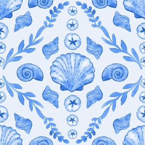 Blue Seashells Damask - Medium Large Scale - Watercolor Nautical Ocean Painted Monotone