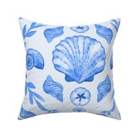 Blue Seashells Damask - Large Scale - Watercolor Nautical Ocean Painted Monotone Beach Sea Shells