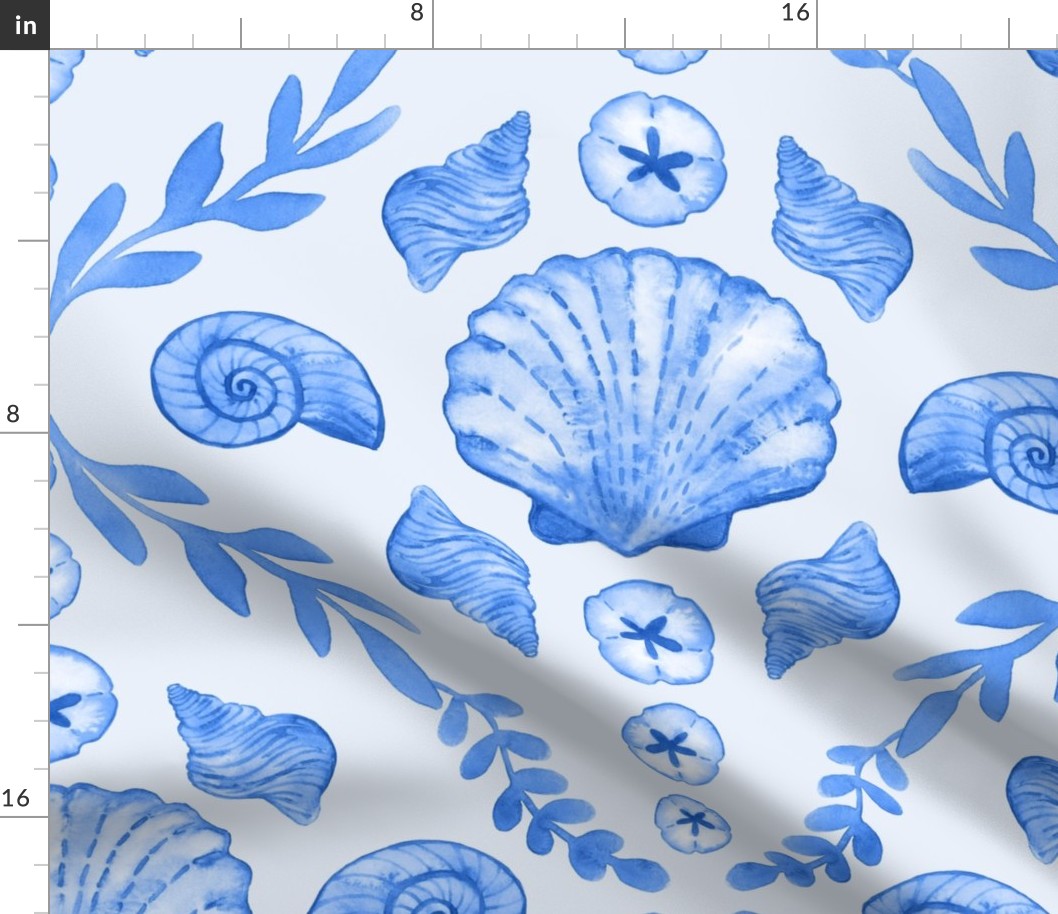 Blue Seashells Damask - Large Scale - Watercolor Nautical Ocean Painted Monotone Beach Sea Shells