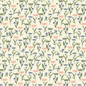 field of hand painted corn flower on cream background, blue, pink, green