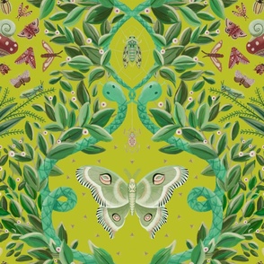 Maximalist whimsical jungle themed damask pattern - green , lime green , mint - medium scale