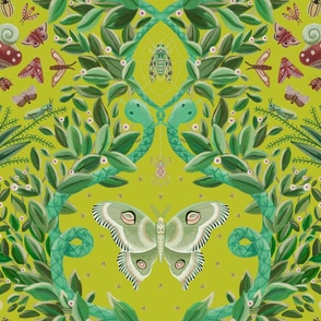 Maximalist whimsical jungle themed damask pattern - green , lime green , mint - large