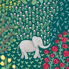 Multi Colour small flowers in a quirky jungle with playful baby elephants - large