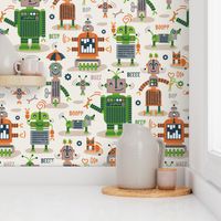 Large jumbo scale // Friendly robots // beige background gold drop orange la palma green limerick green warm grey and brown taupe machine toys ivory shadows