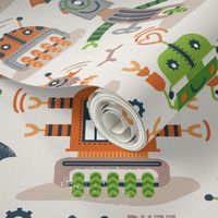 Large jumbo scale // Friendly robots // beige background gold drop orange la palma green limerick green warm grey and brown taupe machine toys ivory shadows