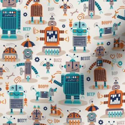 Small scale // Friendly robots // beige background gold drop orange teal mint warm grey and brown taupe machine toys ivory shadows