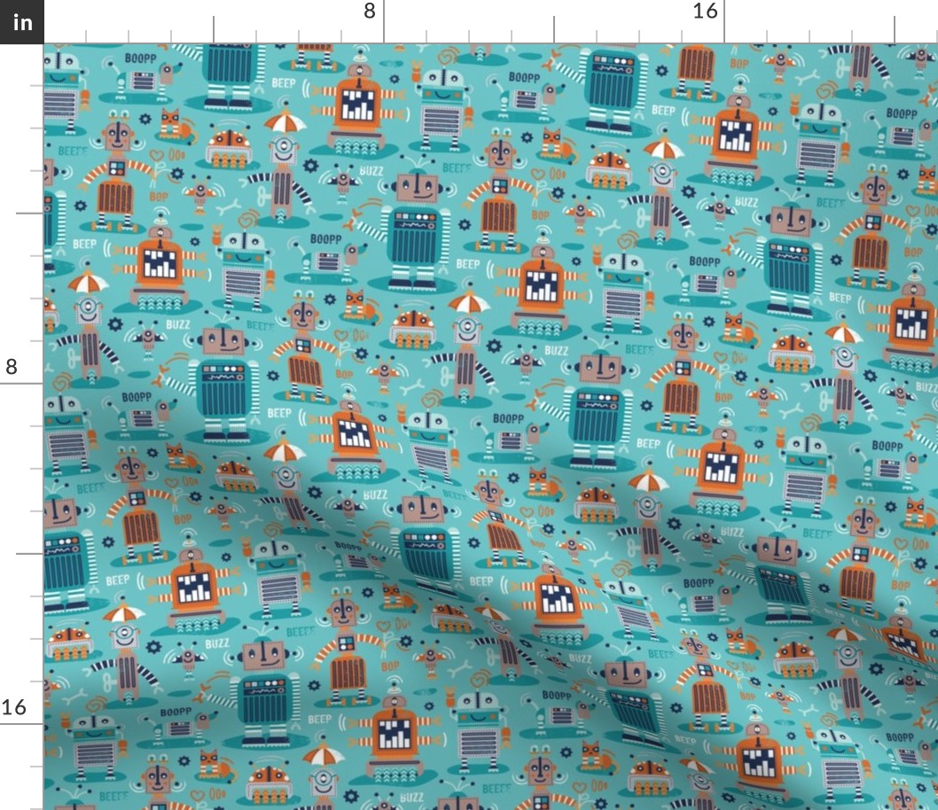 Small scale // Friendly robots // aqua ocean background gold drop orange teal mint light grey and brown taupe machine toys