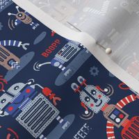 Small scale // Friendly robots // navy blue background neon red electric blue pastel blue and brown taupe machine toys