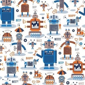 Small scale // Friendly robots // white background gold drop orange bluebell blue pastel blue warm grey and brown taupe machine toys ivory shadows