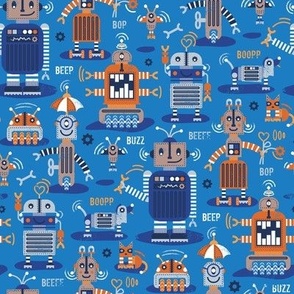 Small scale // Friendly robots // bluebell background gold drop orange tory blue pastel blue and brown taupe machine toys